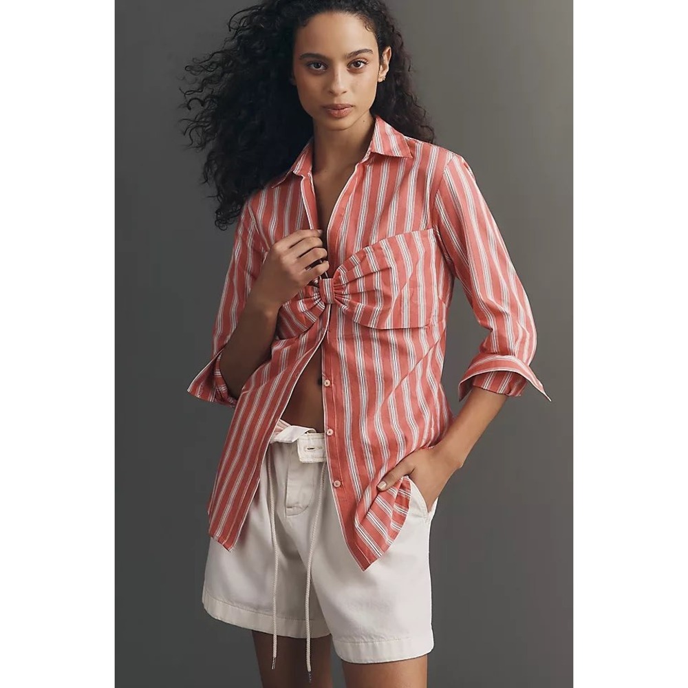 Maeve Anthropologie Red Striped Bow Front Button Down Shirt Red White XXS NWT